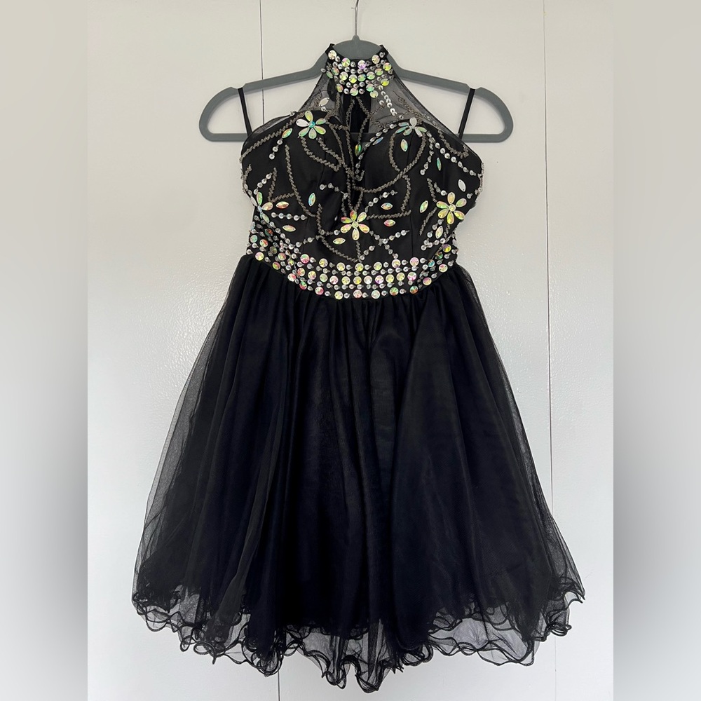 Women's Halter Short Homecoming Black Dress Beading Tulle Dress Size US 2